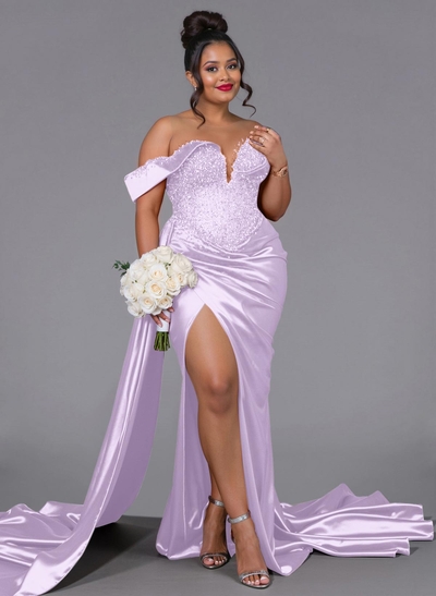 Luxury Off-The-Shoulder Sweep Train Silk Like Satin Bridesmaid Dresses