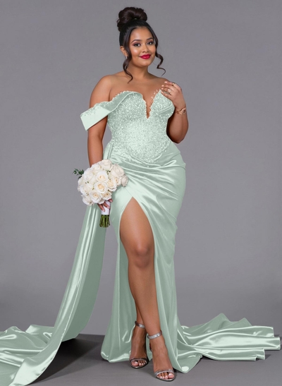 Luxury Off-The-Shoulder Sweep Train Silk Like Satin Bridesmaid Dresses