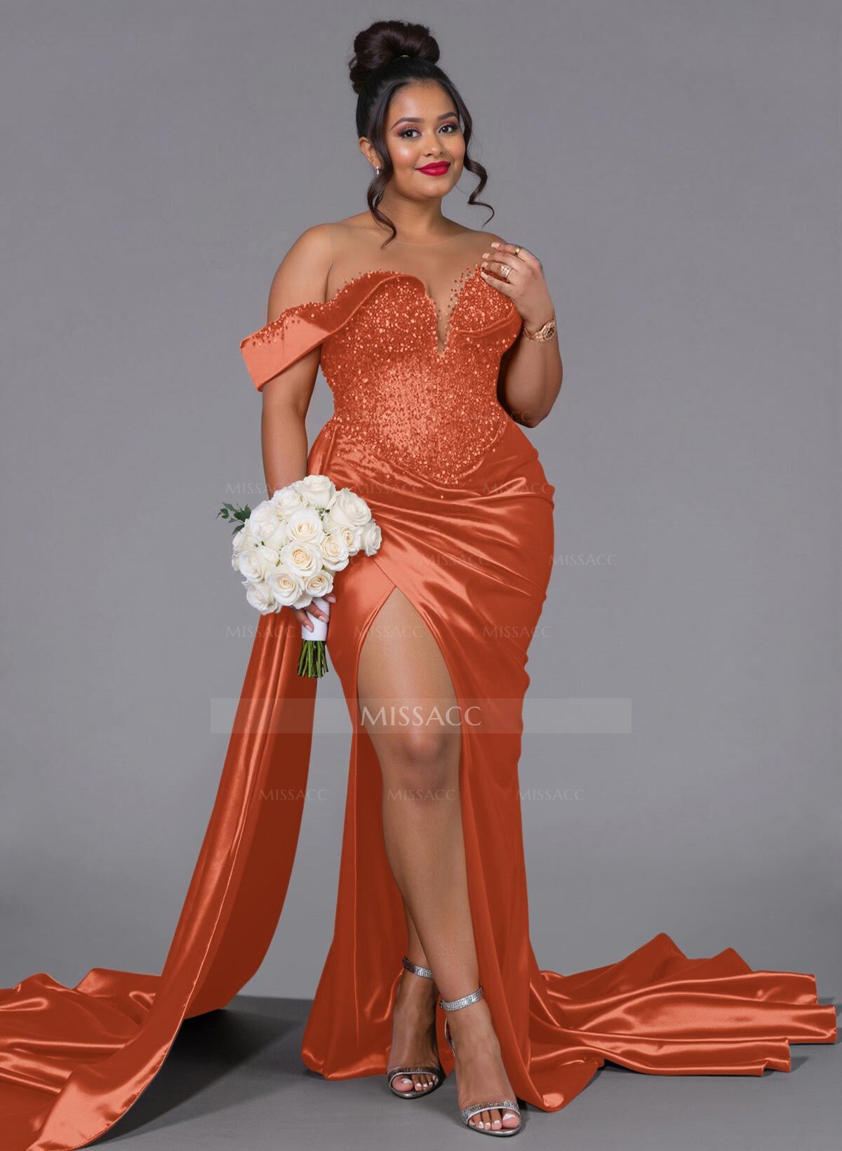 Luxury Off-The-Shoulder Sweep Train Silk Like Satin Bridesmaid Dresses