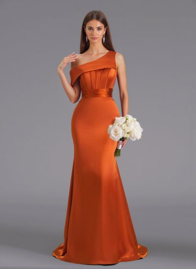 Elegant Asymmetrical Neckline Sweep Train Charmeuse Bridesmaid Dresses