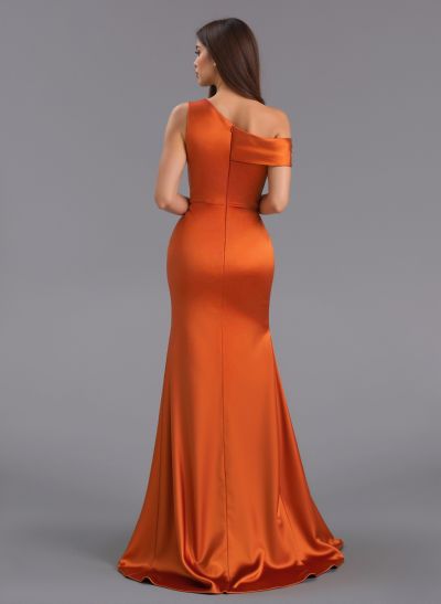 Elegant Asymmetrical Neckline Sweep Train Charmeuse Bridesmaid Dresses