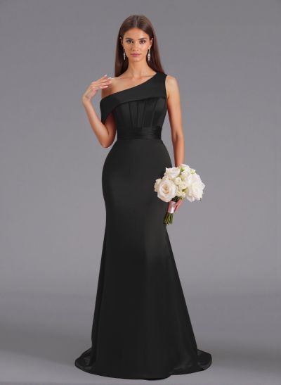 Elegant Asymmetrical Neckline Sweep Train Charmeuse Bridesmaid Dresses