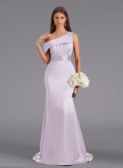 Elegant Asymmetrical Neckline Sweep Train Charmeuse Bridesmaid Dresses