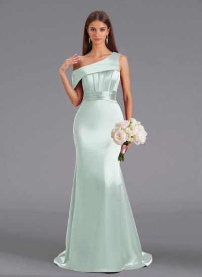 Elegant Asymmetrical Neckline Sweep Train Charmeuse Bridesmaid Dresses