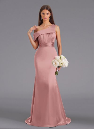Elegant Asymmetrical Neckline Sweep Train Charmeuse Bridesmaid Dresses