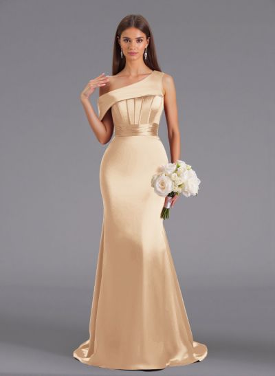 Elegant Asymmetrical Neckline Sweep Train Charmeuse Bridesmaid Dresses