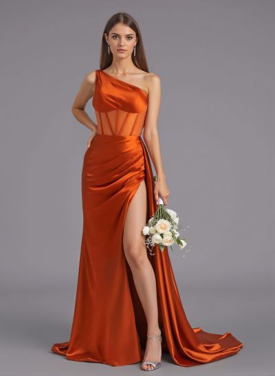 Classy One-Shoulder High Split Silk Like Satin Bridesmaid Dresses With Sweeping Side Drape