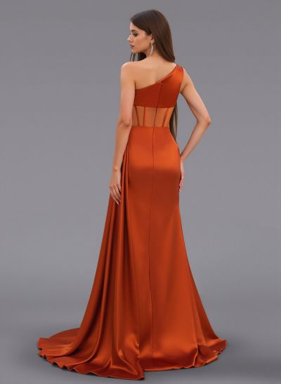 Classy One-Shoulder High Split Silk Like Satin Bridesmaid Dresses With Sweeping Side Drape