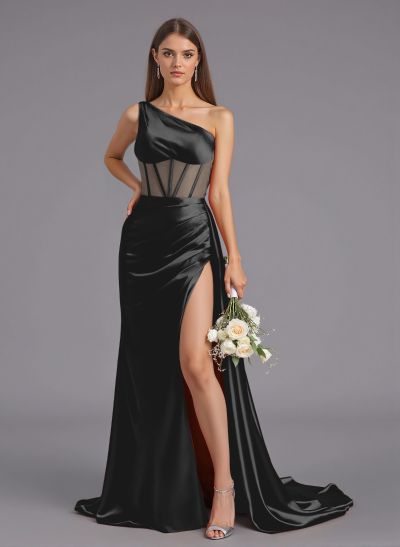 Classy One-Shoulder High Split Silk Like Satin Bridesmaid Dresses With Sweeping Side Drape