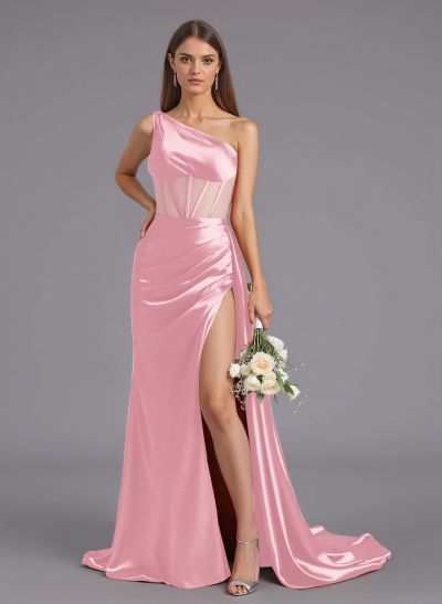 Classy One-Shoulder High Split Silk Like Satin Bridesmaid Dresses With Sweeping Side Drape