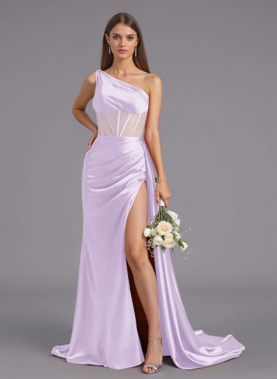 Classy One-Shoulder High Split Silk Like Satin Bridesmaid Dresses With Sweeping Side Drape