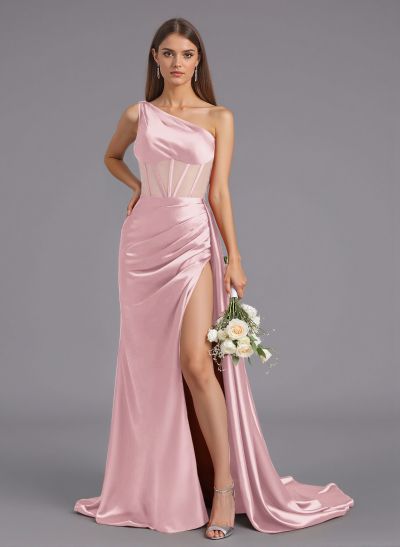 Classy One-Shoulder High Split Silk Like Satin Bridesmaid Dresses With Sweeping Side Drape