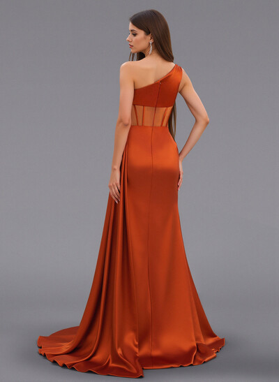 Classy One-Shoulder High Split Stretch Satin Bridesmaid Dresses With Sweeping Side Drape