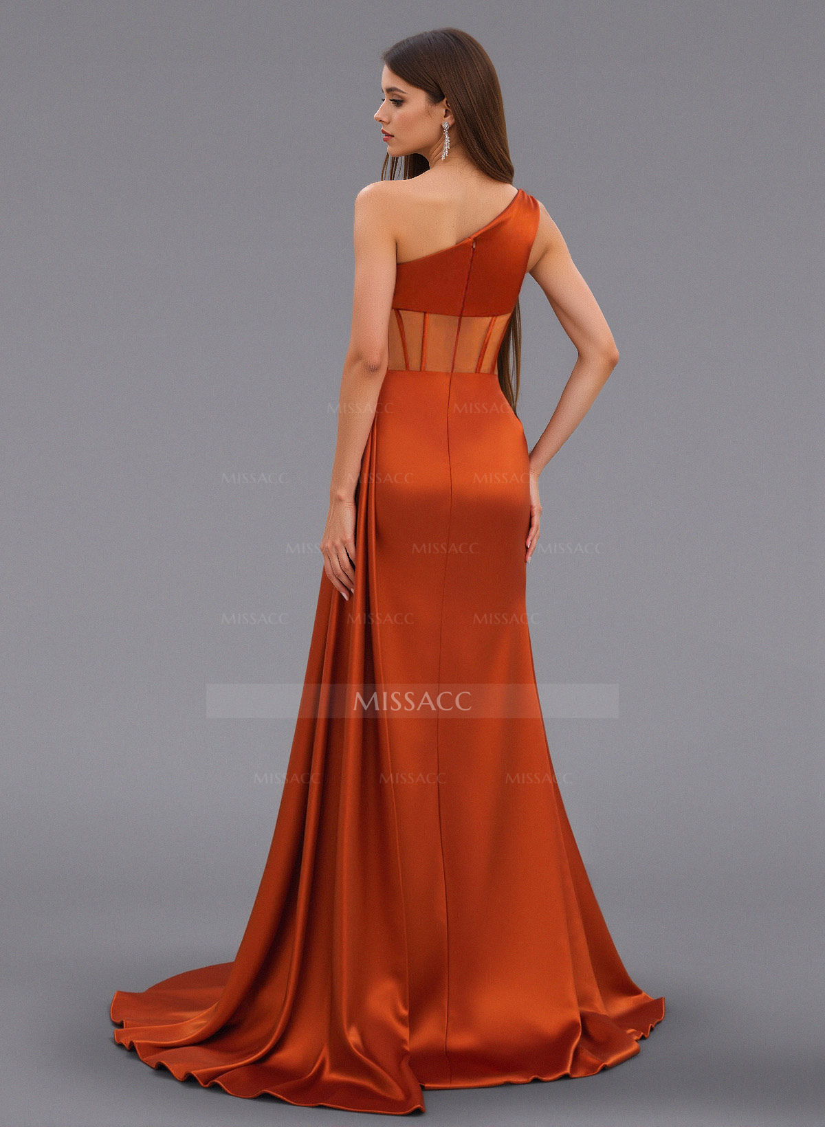 Classy One-Shoulder High Split Stretch Satin Bridesmaid Dresses With Sweeping Side Drape