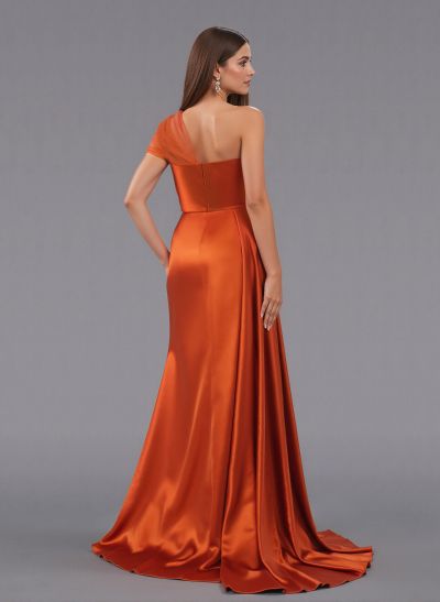 Unique Tulle One-Shoulder High Split Silk Like Satin Bridesmaid Dresses With Sweeping Side Drape