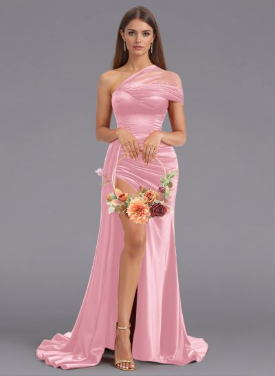 Unique Tulle One-Shoulder High Split Silk Like Satin Bridesmaid Dresses With Sweeping Side Drape