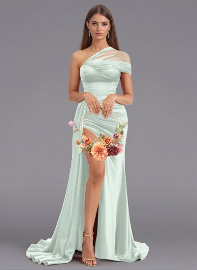 Unique Tulle One-Shoulder High Split Silk Like Satin Bridesmaid Dresses With Sweeping Side Drape