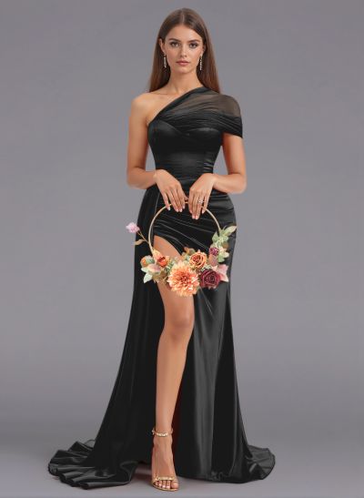 Unique Tulle One-Shoulder High Split Silk Like Satin Bridesmaid Dresses With Sweeping Side Drape