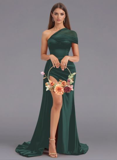Unique Tulle One-Shoulder High Split Silk Like Satin Bridesmaid Dresses With Sweeping Side Drape
