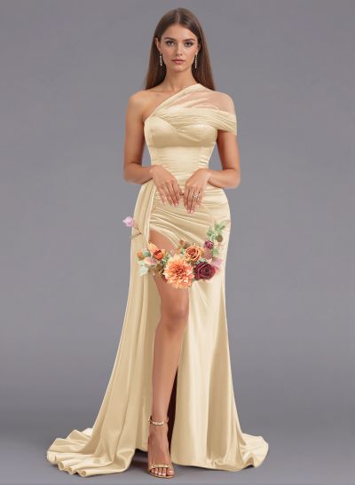 Unique Tulle One-Shoulder High Split Silk Like Satin Bridesmaid Dresses With Sweeping Side Drape
