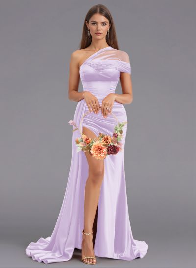 Unique Tulle One-Shoulder High Split Silk Like Satin Bridesmaid Dresses With Sweeping Side Drape