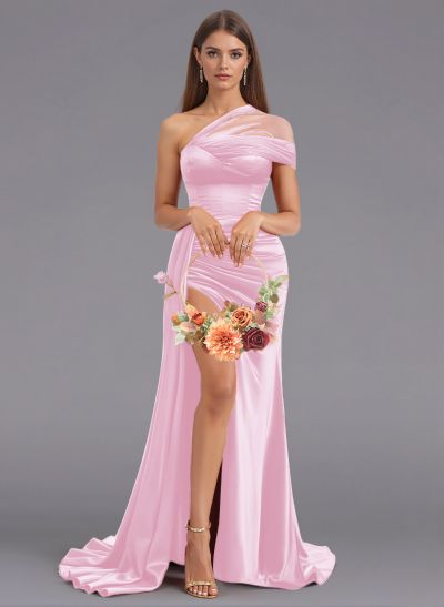 Unique Tulle One-Shoulder High Split Silk Like Satin Bridesmaid Dresses With Sweeping Side Drape