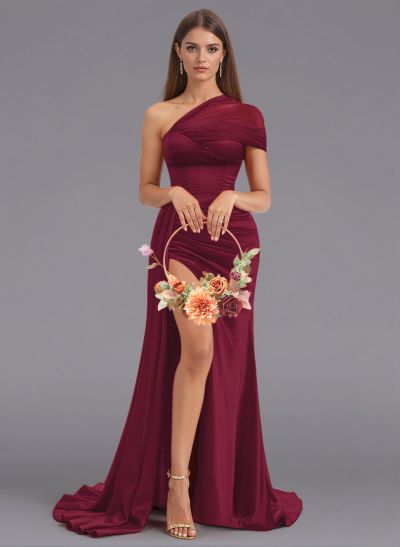 Unique Tulle One-Shoulder High Split Silk Like Satin Bridesmaid Dresses With Sweeping Side Drape