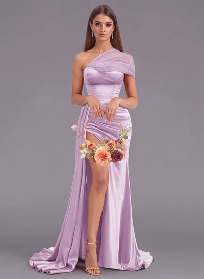 Unique Tulle One-Shoulder High Slit Silk-Like Satin Bridesmaid Dresses With Sweeping Side Drape