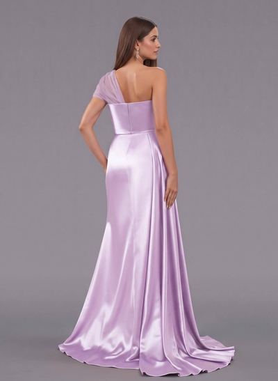 Unique Tulle One-Shoulder High Slit Silk-Like Satin Bridesmaid Dresses With Sweeping Side Drape