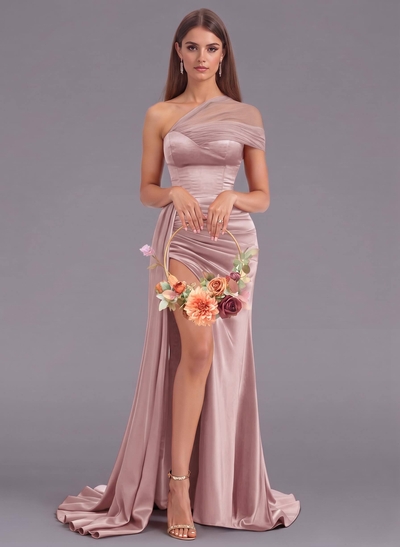 Unique Tulle One-Shoulder High Split Silk Like Satin Bridesmaid Dresses With Sweeping Side Drape
