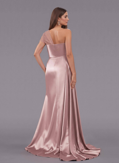Unique Tulle One-Shoulder High Split Silk Like Satin Bridesmaid Dresses With Sweeping Side Drape