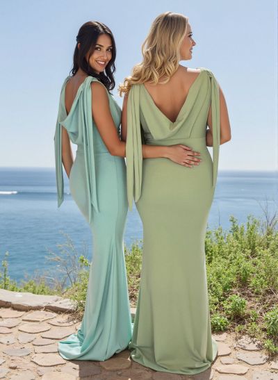 Elegant Cowl Neck Cowl Back Sweep Train Elastic Satin Bridesmaid Dresses