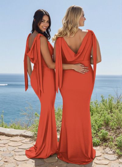 Elegant Cowl Neck Cowl Back Sweep Train Elastic Satin Bridesmaid Dresses