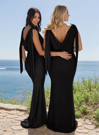 Elegant Cowl Neck Cowl Back Sweep Train Elastic Satin Bridesmaid Dresses