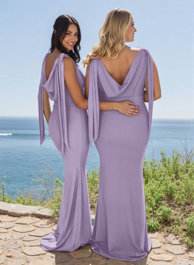 Elegant Cowl Neck Cowl Back Sweep Train Elastic Satin Bridesmaid Dresses