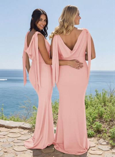 Elegant Cowl Neck Cowl Back Sweep Train Elastic Satin Bridesmaid Dresses