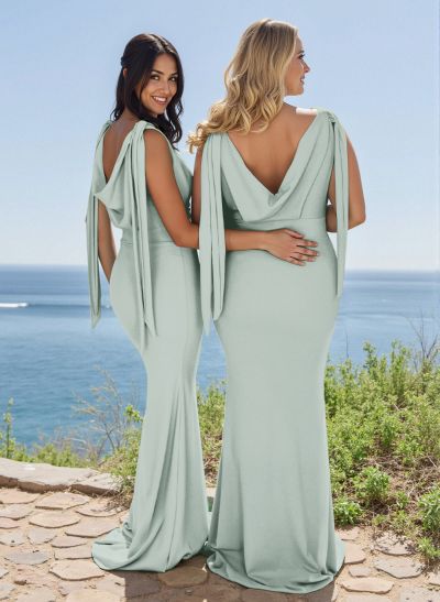 Elegant Cowl Neck Cowl Back Sweep Train Elastic Satin Bridesmaid Dresses