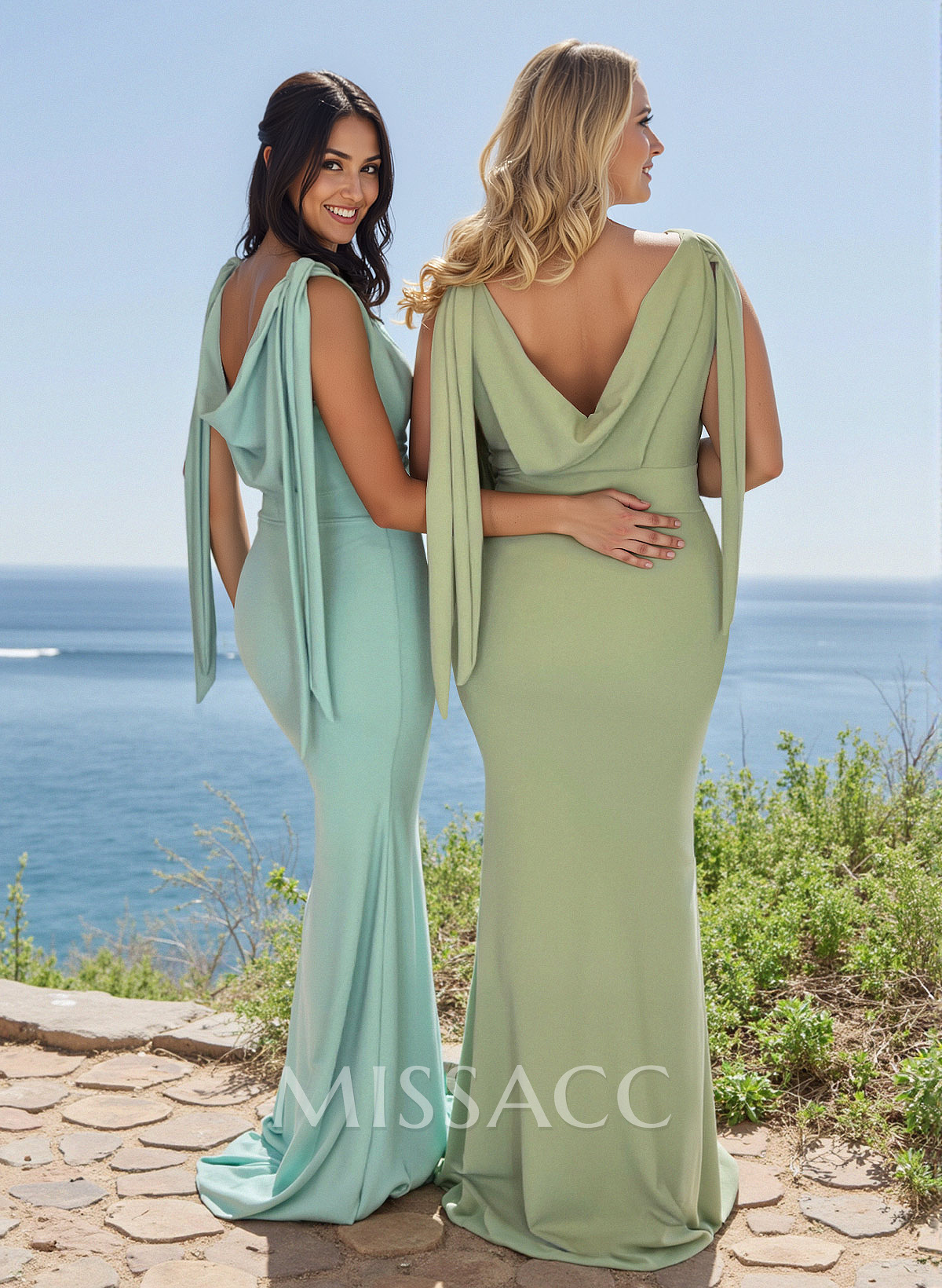 Elegant Cowl Neck Cowl Back Sweep Train Elastic Satin Bridesmaid Dresses Elegant Cowl Neck Cowl Back Sweep Train Elastic Satin Bridesmaid Dresses