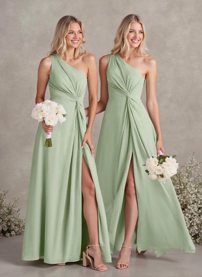 Modest One-Shoulder Sleeveless Chiffon Bridesmaid Dresses With Twisted Knot