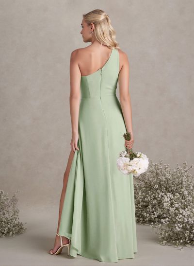 Modest One-Shoulder Sleeveless Chiffon Bridesmaid Dresses With Twisted Knot