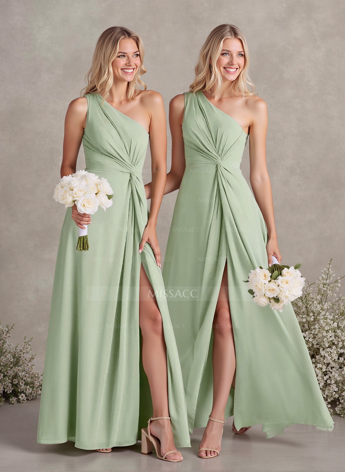 Modest One-Shoulder Sleeveless Chiffon Bridesmaid Dresses With Twisted Knot