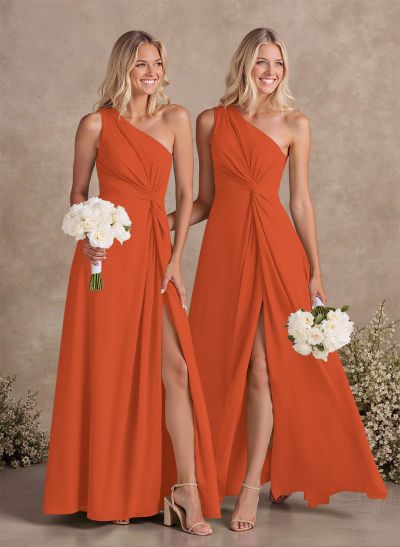 Modest One-Shoulder Sleeveless Chiffon Bridesmaid Dresses With Twisted Knot