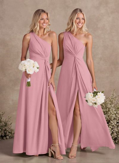 Modest One-Shoulder Sleeveless Chiffon Bridesmaid Dresses With Twisted Knot