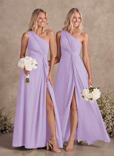 Modest One-Shoulder Sleeveless Chiffon Bridesmaid Dresses With Twisted Knot