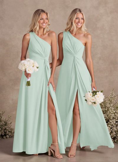 Modest One-Shoulder Sleeveless Chiffon Bridesmaid Dresses With Twisted Knot
