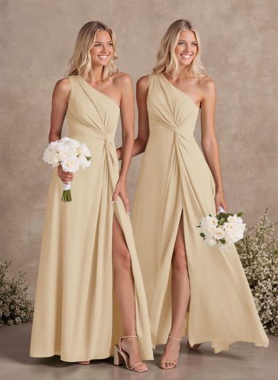 Modest One-Shoulder Sleeveless Chiffon Bridesmaid Dresses With Twisted Knot