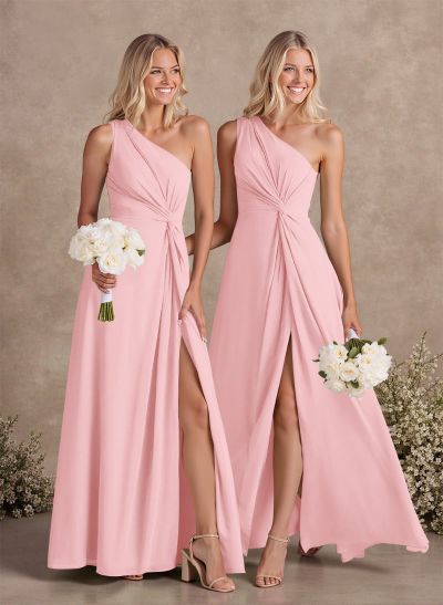 Modest One-Shoulder Sleeveless Chiffon Bridesmaid Dresses With Twisted Knot