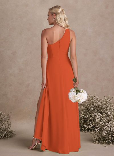 Modest One-Shoulder Sleeveless Chiffon Bridesmaid Dresses With Twisted Knot