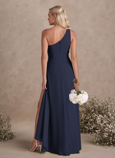 Modest One-Shoulder Sleeveless Chiffon Bridesmaid Dresses With Twisted Knot