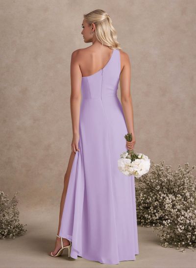 Modest One-Shoulder Sleeveless Chiffon Bridesmaid Dresses With Twisted Knot